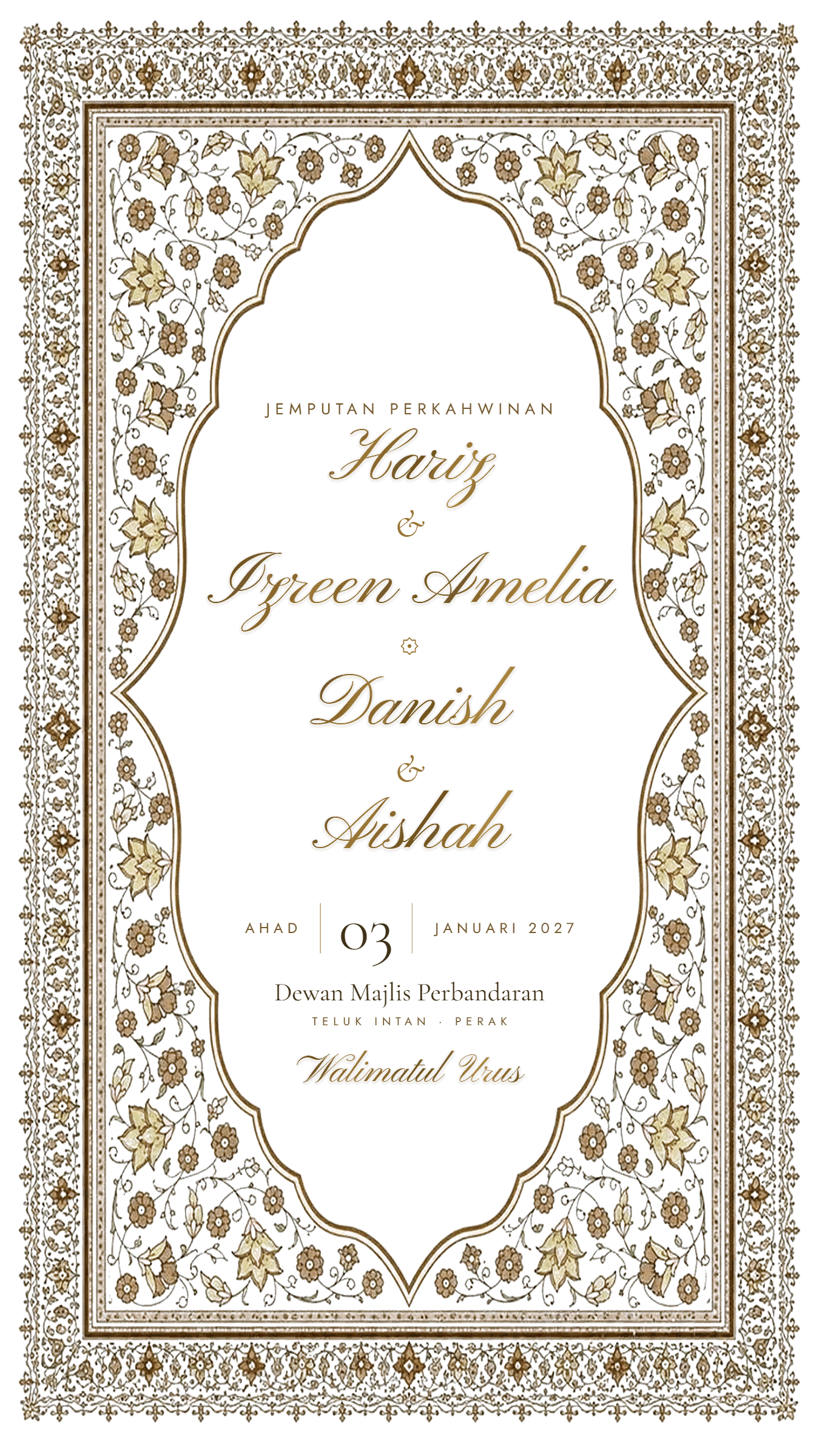 Jemputan Perkahwinan Hariz & Izreen Amelia dan Danish & Aishah — Ahad, 3 Januari 2027, Dewan Majlis Perbandaran Teluk Intan
